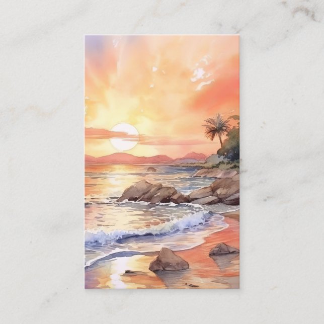 Watercolor Beach Sunset Background Business Card (Front)