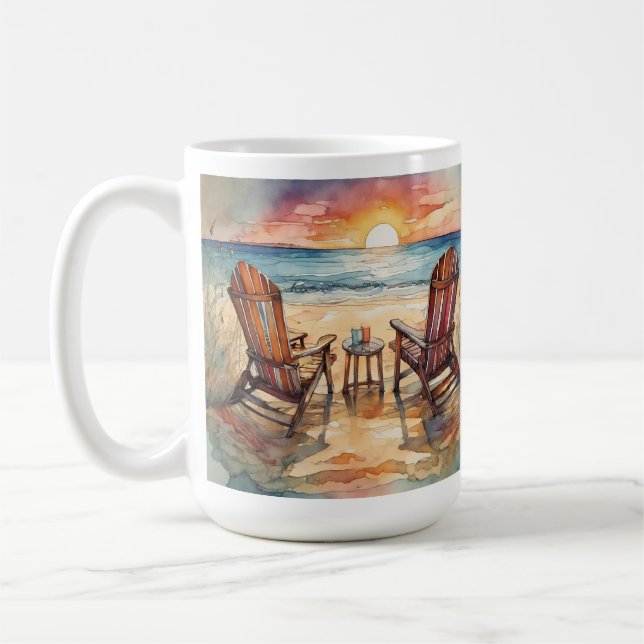 Watercolor Beach Sunset Coffee Mug, Ocean Waves Mug (Left)
