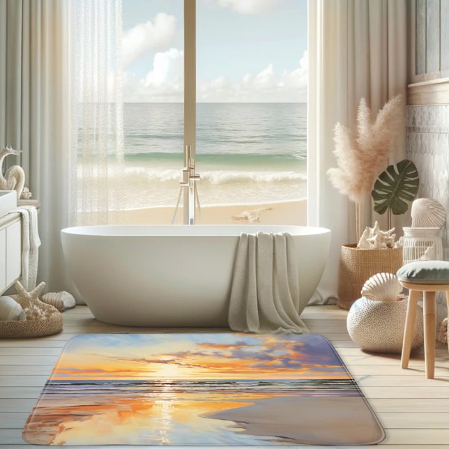 Watercolor Beach Sunset Ocean Bath Mat (Bath mat featuring a watercolor painting of a sunset on the beach.)
