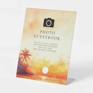 Watercolor Beach Sunset Photo Guest Book Wedding Pedestal Sign