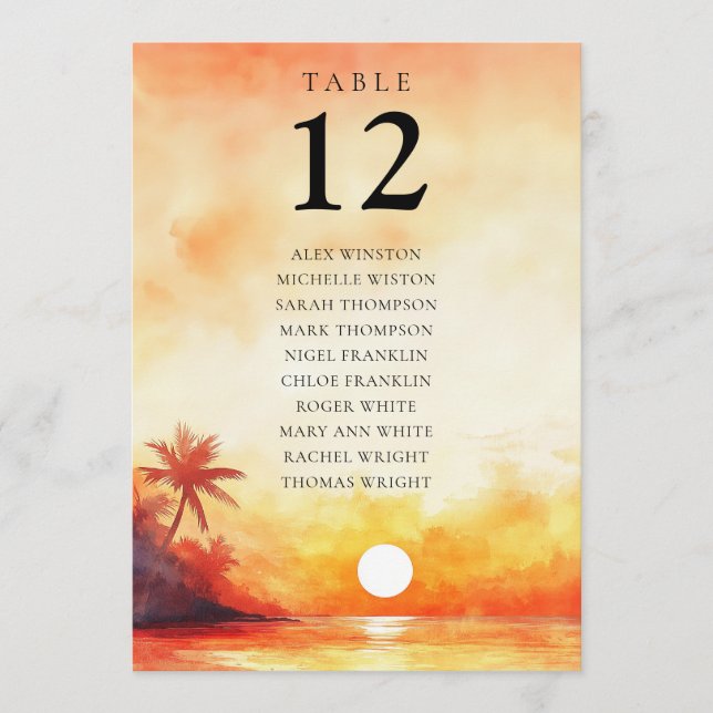 Watercolor Beach Sunset Table Number Seating Chart (Front)