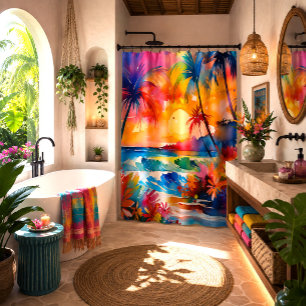 Watercolor beach sunset Tropical art Shower Curtain