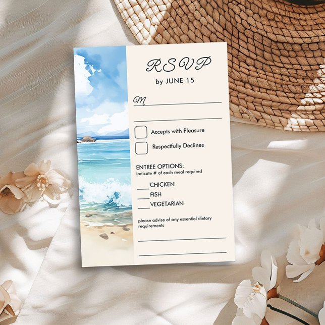 Watercolor Beach Theme Wedding and Entree Option RSVP Card (RSVP with entrees from the Summer Beach Wedding Collection by Darling & May)