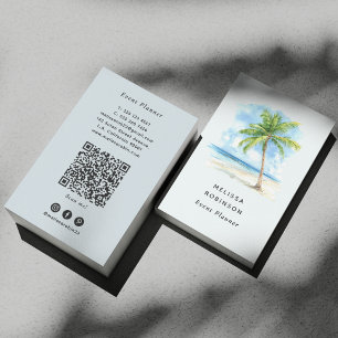 Watercolor Beach Tropical Palm Tree Blue QR Code Business Card