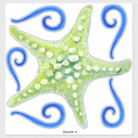 Watercolor Beach Wave Swirls Green Starfish Art