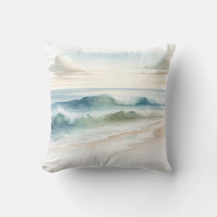 Watercolor Beach Waves Rustic Coastal  Cushion