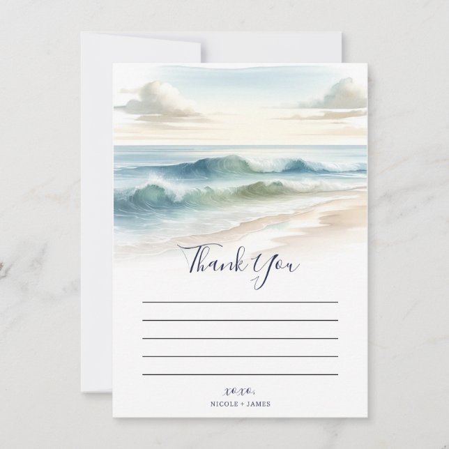 Watercolor Beach Waves Rustic Coastal Thank You Invitation (Front)