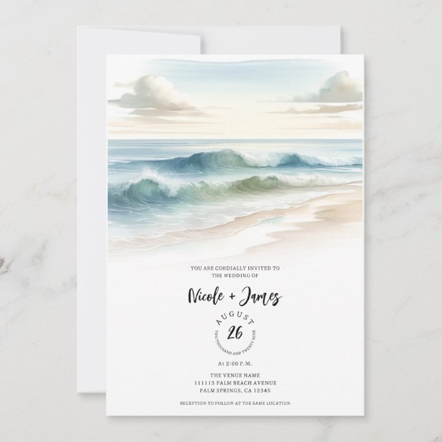 Watercolor Beach Waves Rustic Coastal Wedding Invitation (Front)