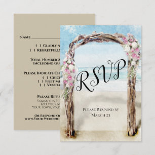 Watercolor Beach Wedding Arch with Roses RSVP Card