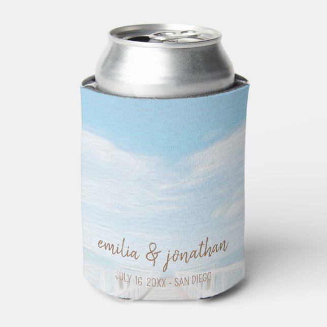 Watercolor Beach Wedding Can Cooler (Can Front)