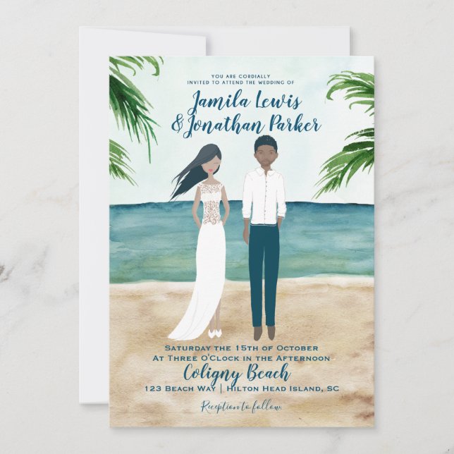 Watercolor Beach Wedding Invitation Black Couple (Front)