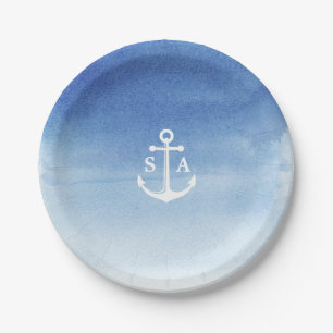 Watercolor beach wedding nautical anchor monogram paper plate
