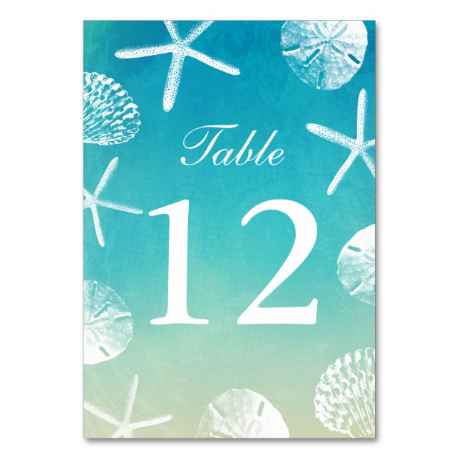 Watercolor Beach Wedding Seashells Table Numbers (Front)