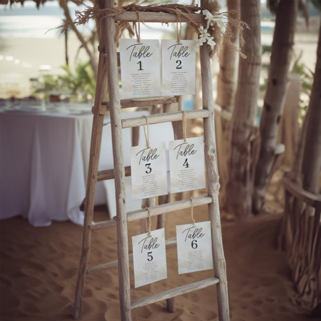 Watercolor Beach Wedding Seating Chart Table Cards (Table Number Display Option Example)