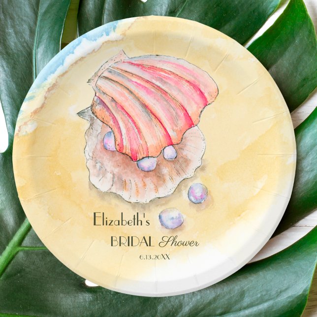 Watercolor Beach With Clams & Pearls Bridal Shower Paper Plate (Creator Uploaded)
