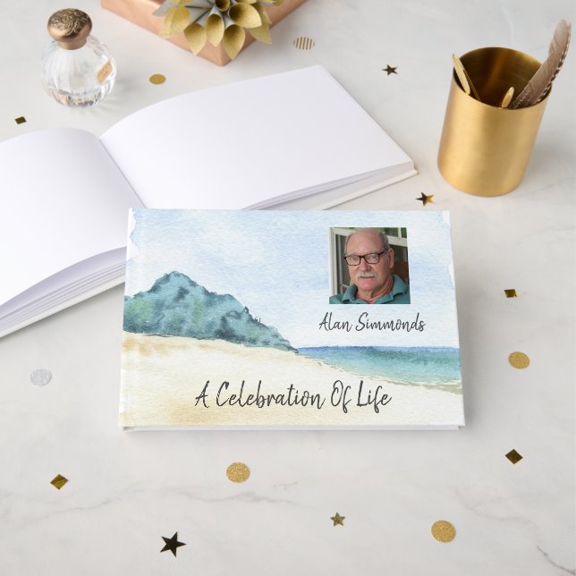 Watercolor Beach With Photo Celebration Of Life Guest Book (Front Open)