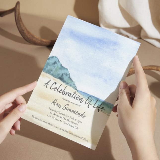 Watercolor Beach With Photo Celebration Of Life Invitation (Creator Uploaded)
