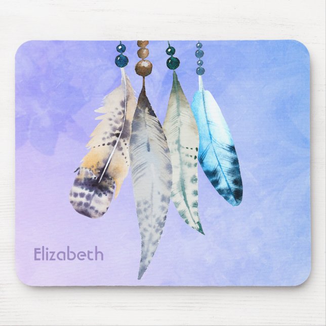 Watercolor Beads 'n Feathers on Bluish Purple Mouse Pad (Front)