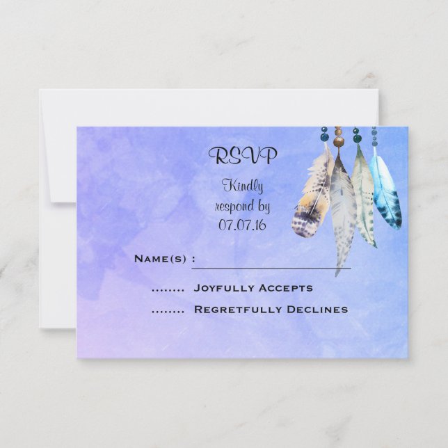 Watercolor Beads 'n Feathers Wedding RSVP Card (Front)