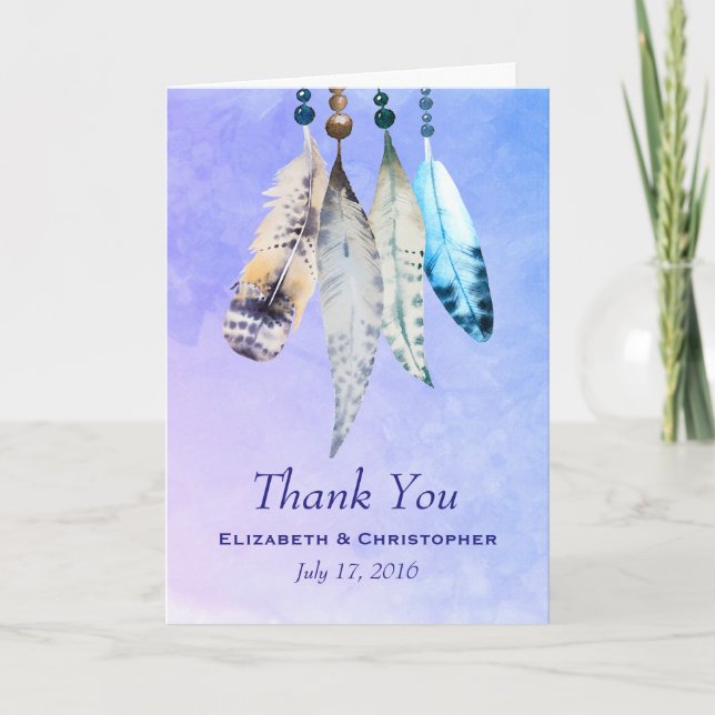 Watercolor Beads 'n Feathers Wedding Thank You (Front)