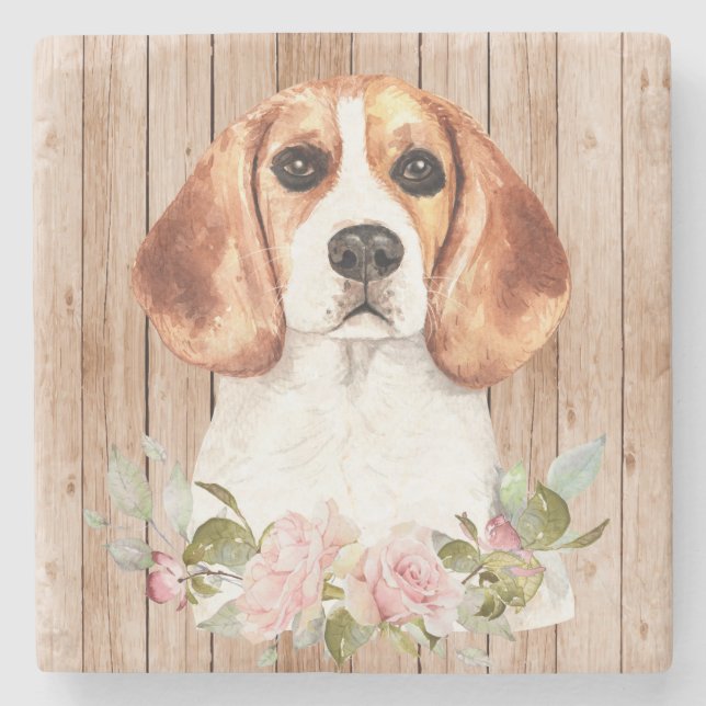 Watercolor Beagle & Flowers  Stone Coaster (Front)