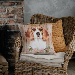 Watercolor Beagle & Flowers  Throw Pillow