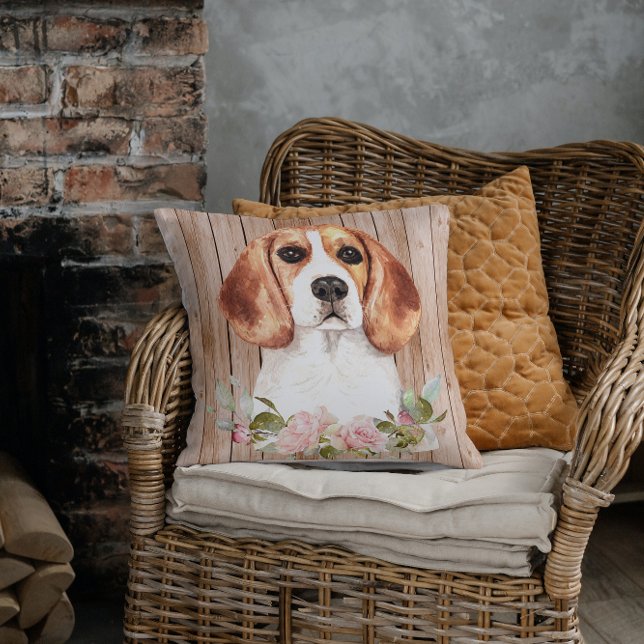 Watercolor Beagle & Flowers  Throw Pillow (Creator Uploaded)