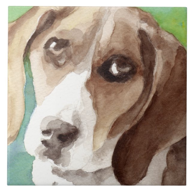 watercolor Beagle Portrait Ceramic Tile (Front)