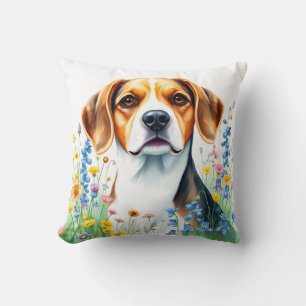 Watercolor Beagle Portrait with Vibrant Wildflower Cushion