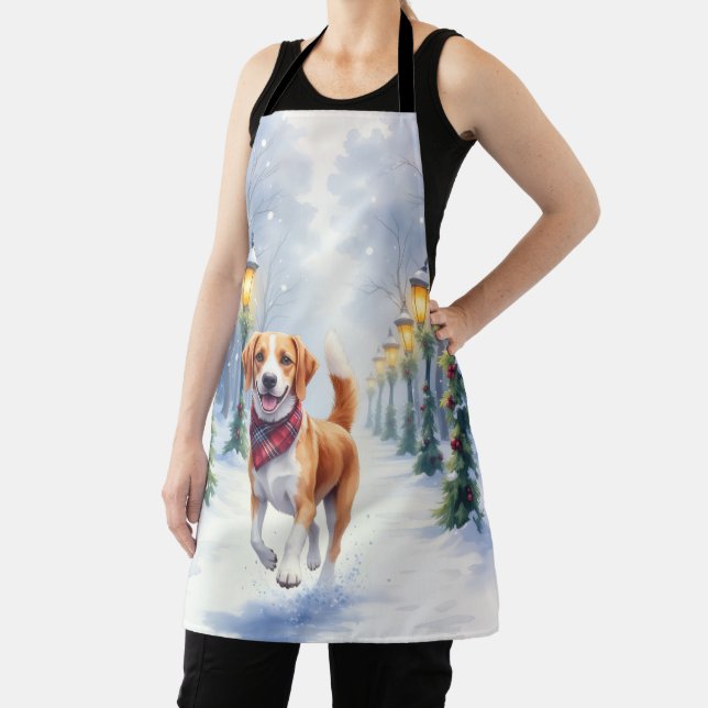 Watercolor Beagle Snowy Park Christmas Holiday Apron (Insitu)