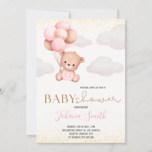 Watercolor Bear Balloons Baby Shower Invitation