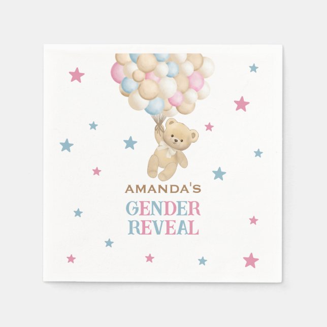 Watercolor Bear balloons Pink Blue Gender Reveal Napkin (Front)