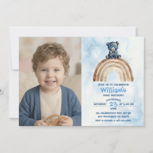 Watercolor Bear Boy Birthday Boho Rainbow Blue Invitation