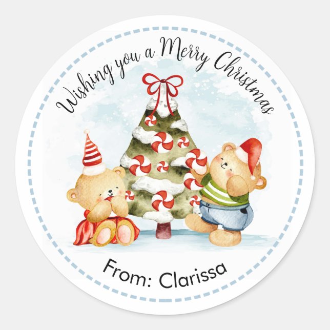 Watercolor Bear Christmas Tree Holiday Stickers (Front)