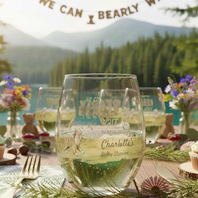 Watercolor Bear Cub Bearly Wait Welcome Stemless Wine Glass (Watercolor Bear Cub Bearly Wait Welcome Stemless Wine Glass ©Susanne Sachers - Sunny Mind 🌞)