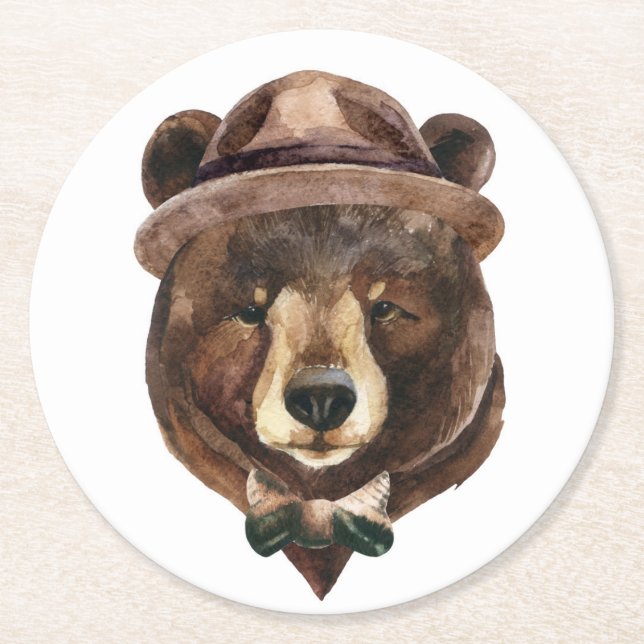 Watercolor Bear Fashion Round Paper Coaster (Front)