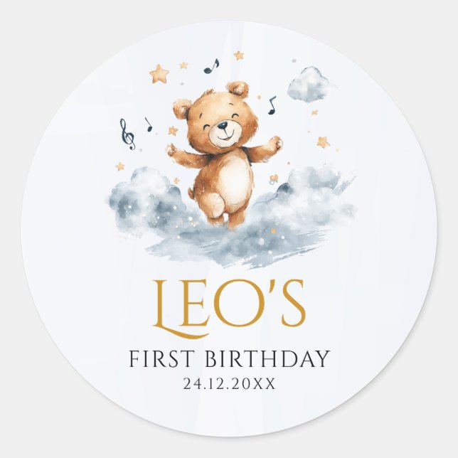 Watercolor Bear First Birthday Favour Sticker (Front)