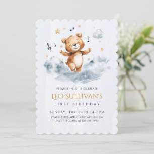 Watercolor Bear First Birthday Invitation