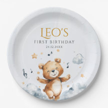 Watercolor Bear First Birthday Paper Plate