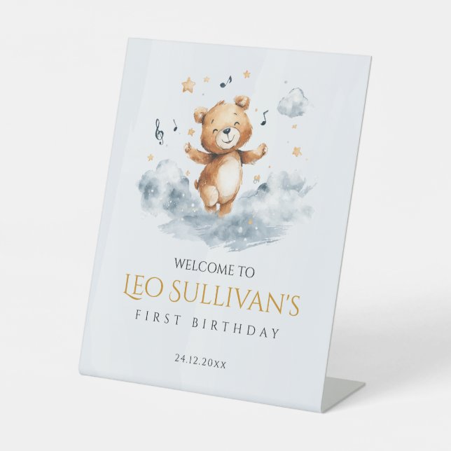 Watercolor Bear First Birthday Pedestal Sign (Front)