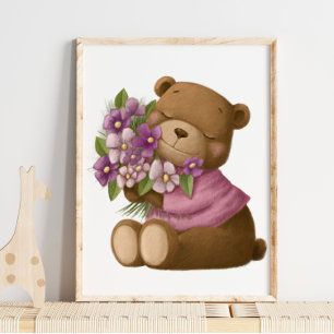 Watercolor Bear Flowers   Bear Wall Print