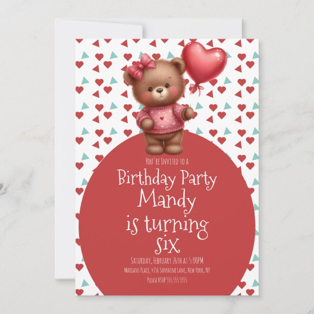 Watercolor Bear Heart Pattern Balloon Birthday  Invitation (Front)