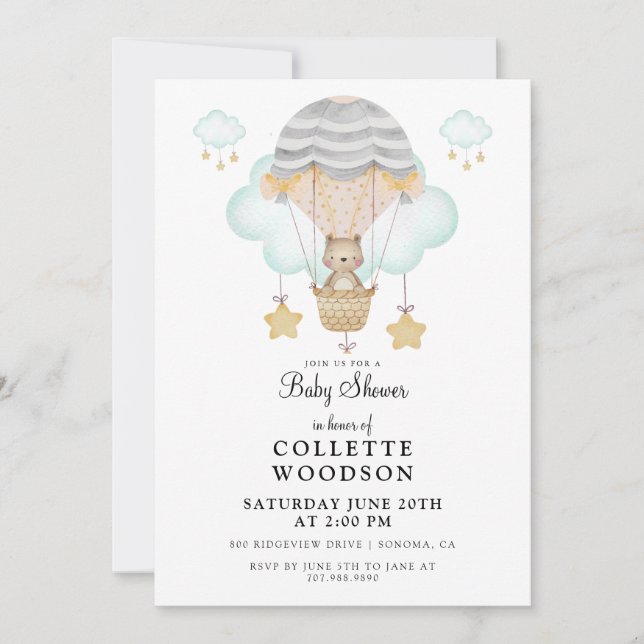 Watercolor Bear Hot Air Balloon Baby Shower Invita Invitation (Front)
