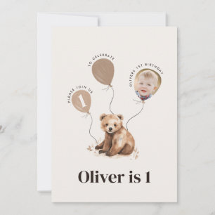 Watercolor bear photo 1st birthday modern  invitation