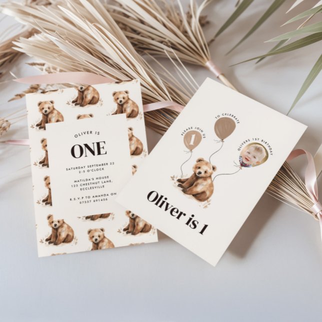 Watercolor bear photo 1st birthday modern  invitation (Creator Uploaded)