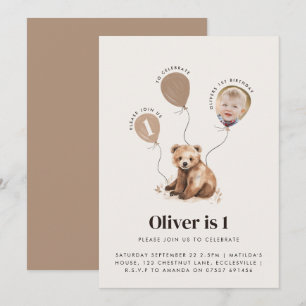 Watercolor bear photo 1st birthday modern  invitation