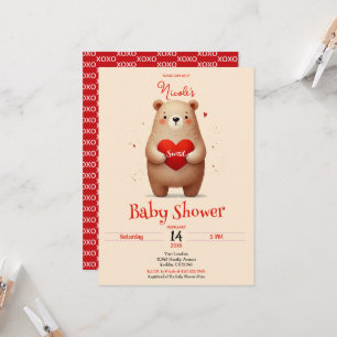 Watercolor Bear Red Heart Valentine Baby Shower Invitation