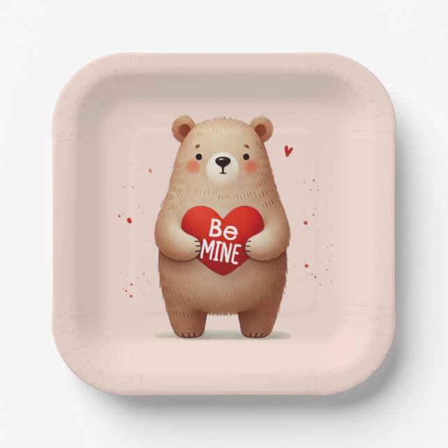 Watercolor Bear Red Heart xoxo Valentine's Party Paper Plate (Front)