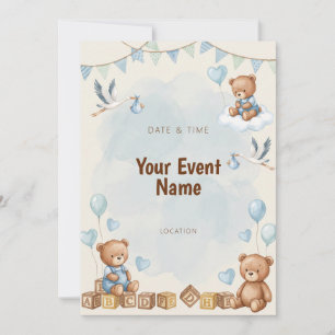 Watercolor Bear Stork Wooden Block Blue Invitation