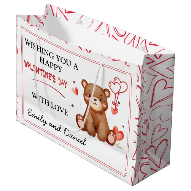 Watercolor Bear Valentine's Day customizable Large Gift Bag (Front Angled)